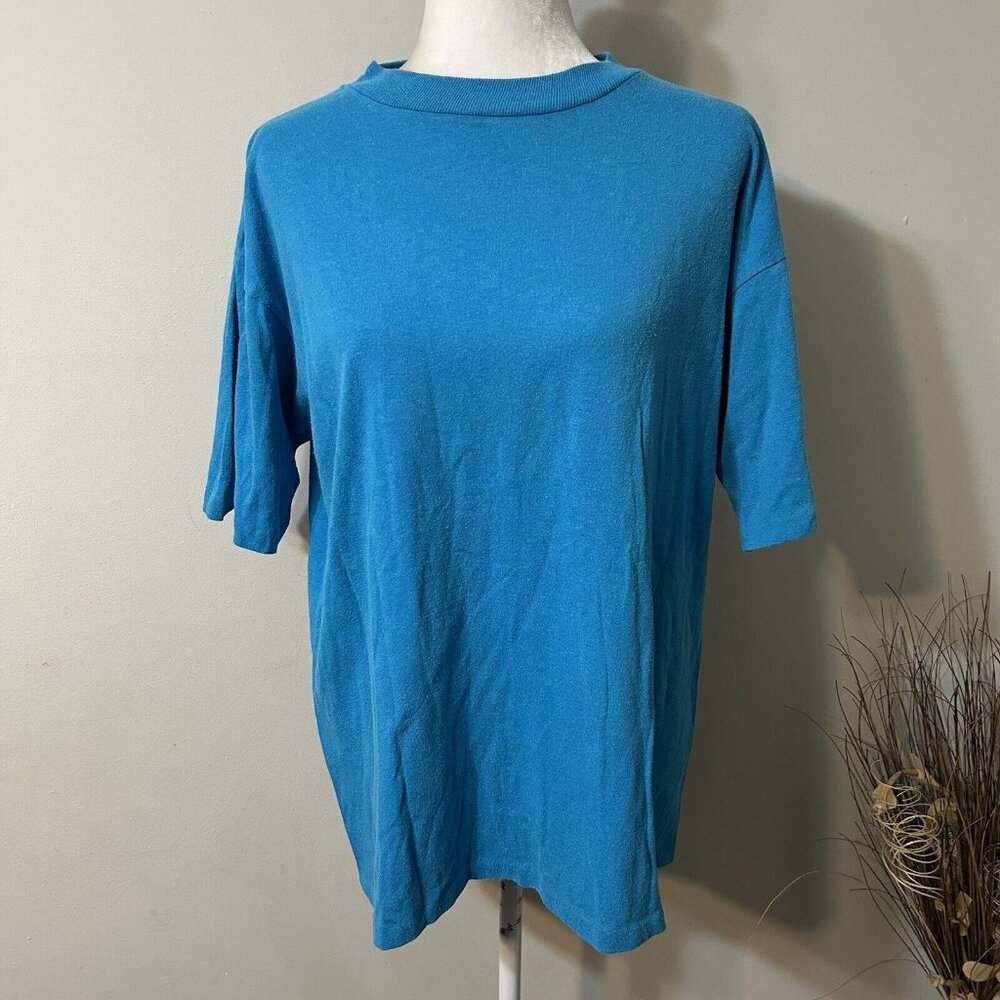 Vtg Fashion Gear Women Blank T-Shirt 90s Single Stitch Blue USA Short Sleeve L